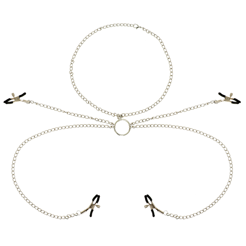 4 pinzas de pezones Ohmama Fetish con collar de cadenas
