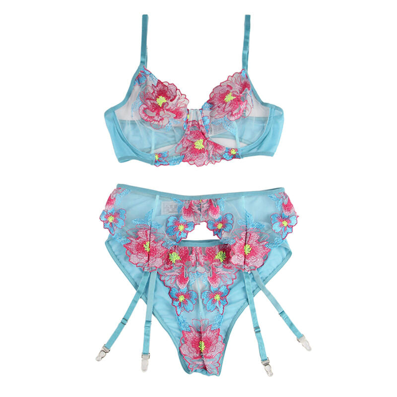 Conjunto sujetador, panties y liguero floral SUBBLIME