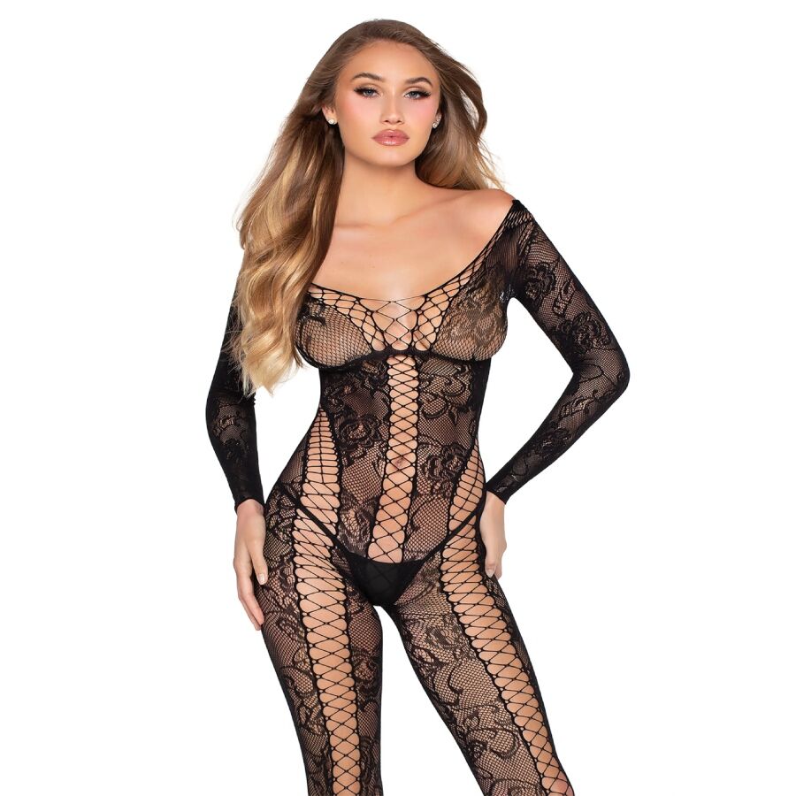 Bodystocking de encaje y rejilla LEG AVENUE escote bardot