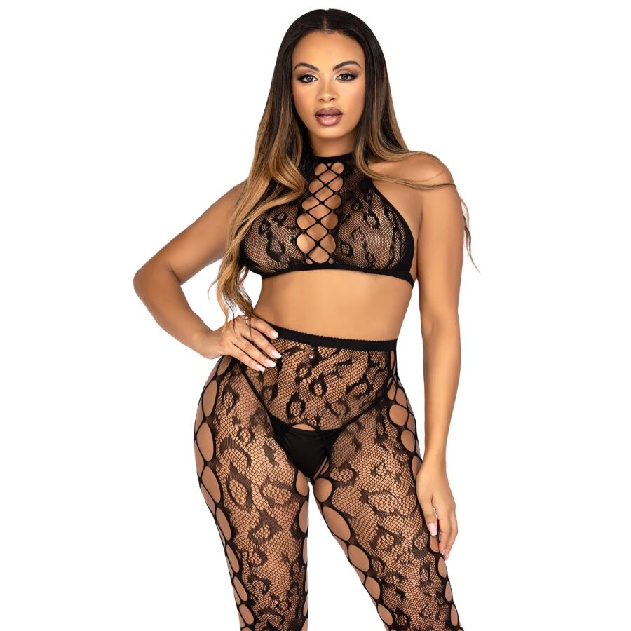 Conjunto crop top y leggings de malla leopardo - Leg Avenue