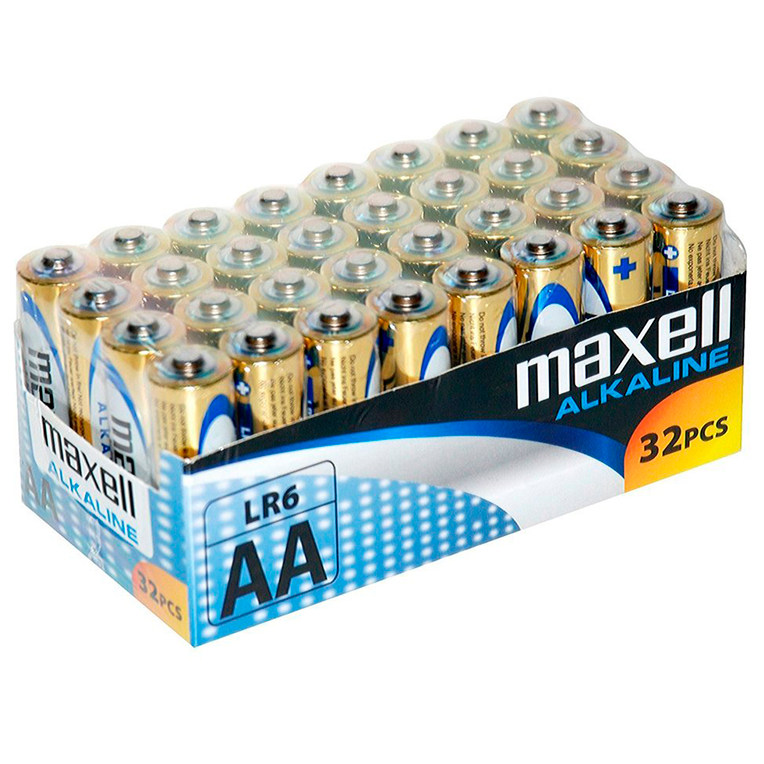 Pilas alcalinas AA LR6 Maxell 1,5V, pack de 32 unidades