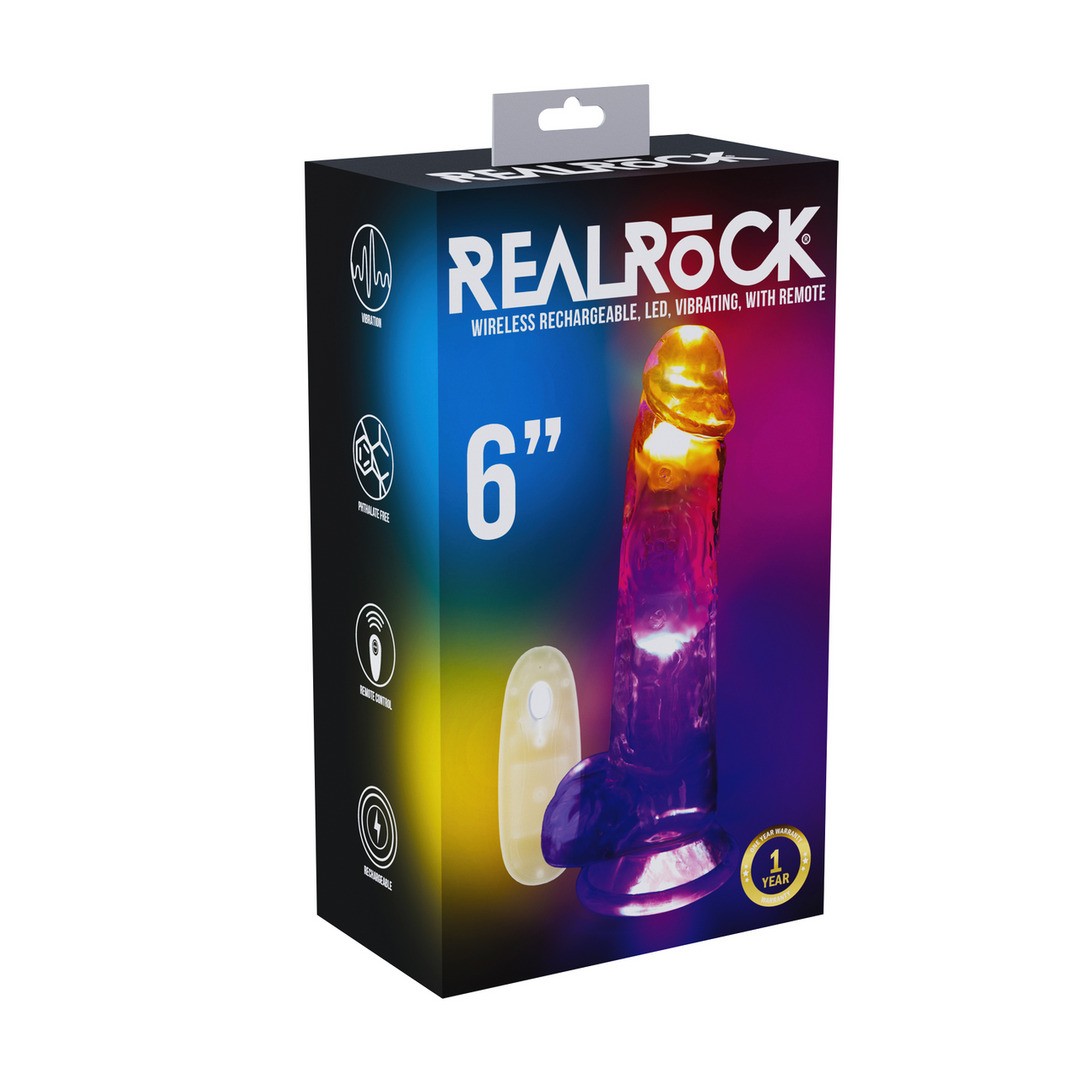 VIBRADOR CON LED Y MANDO A DISTANCIA LED VIBRATING STRAIGHT COCK WITH BALLS 6 /15 CM REALROCK