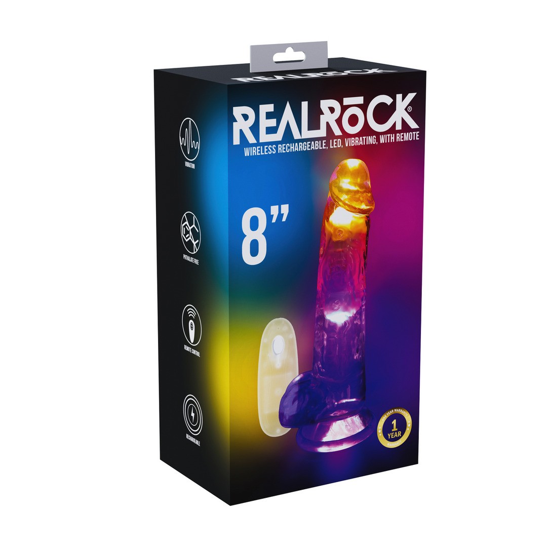 VIBRADOR CON LED Y MANDO A DISTANCIA LED VIBRATING STRAIGHT COCK WITH BALLS 8 /20 CM REALROCK