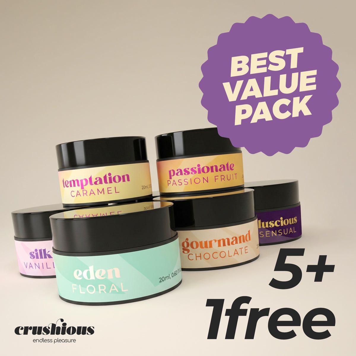 PACK 5 + 1 GRATUITO VELAS DE MASAJE CON DIFERENTES AROMAS Y FEROMONAS 20 ML CRUSHIOUS