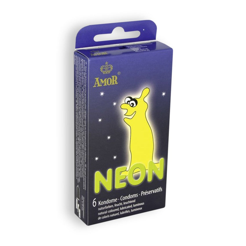 Preservativos fluorescentes Neon AMOR, 6 uds · 54 mm