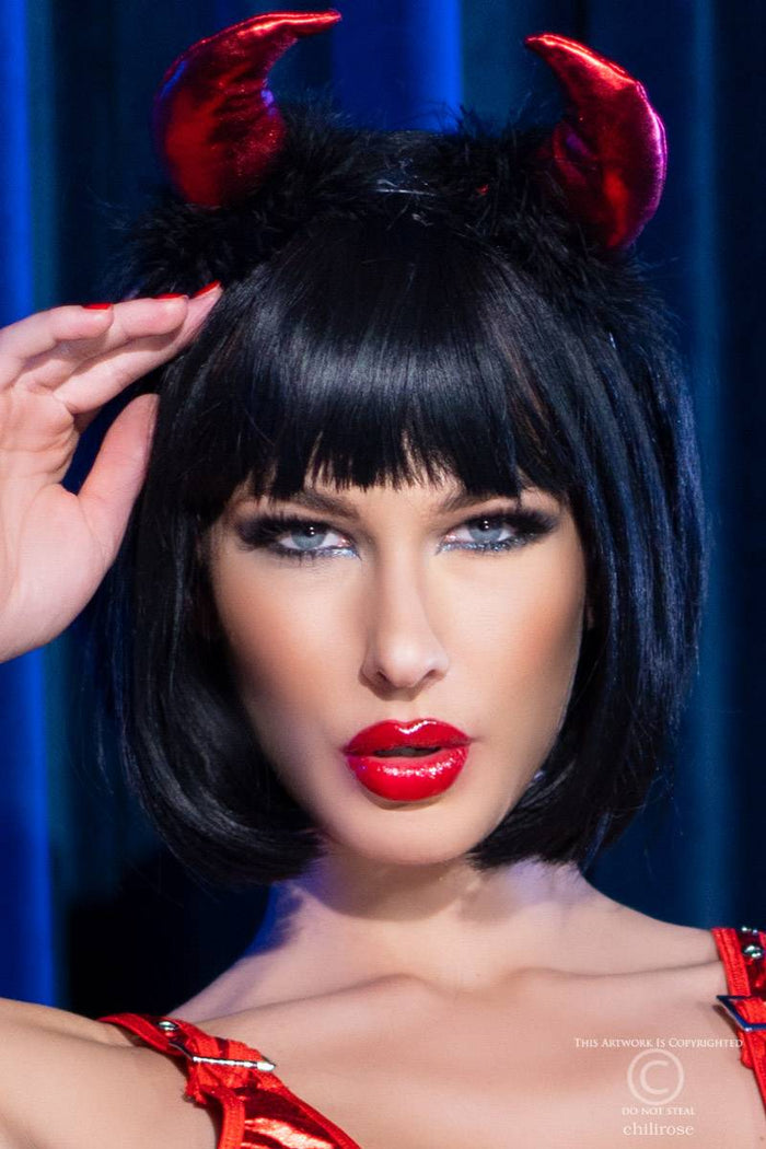 Disfraz de diablita Chilirose con liguero, rojo y negro