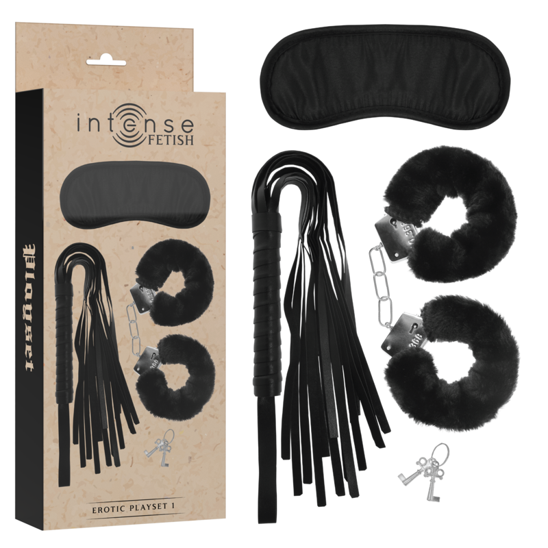 Set erótico BDSM de esposas, antifaz y látigo, cuero vegano