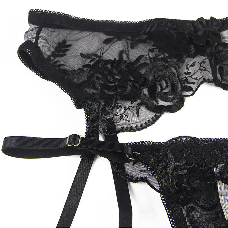Subblime - Set De 3 Piezas Sujetador + Tanga + Liga Estampado Floral Negro