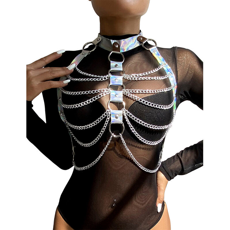 Arnés de pecho con anillos y cadenas plata, Subblime Fetish
