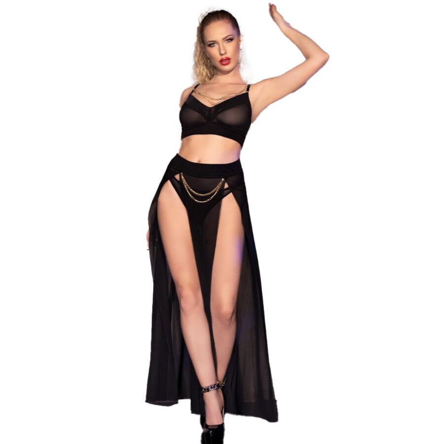 Chilirose - Cr 4672 Top Negro Falda Y Tanga Con Cadenas Doradas