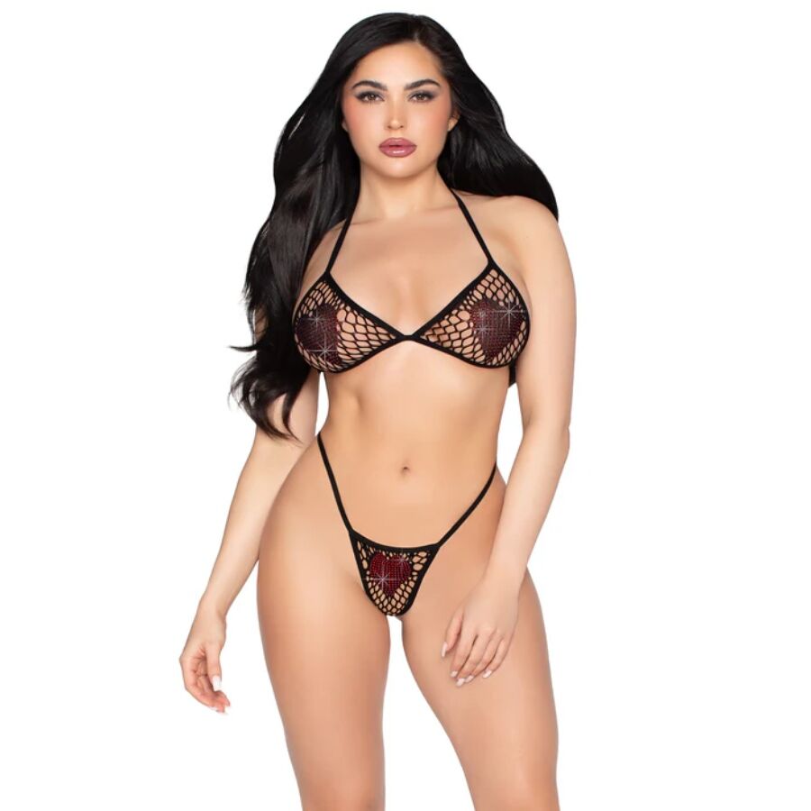 Conjunto de sujetador y tanga de malla Leg Avenue con strass