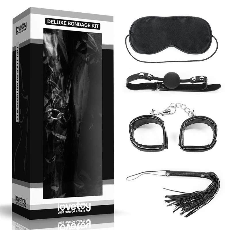 Kit bondage deluxe de 4 piezas con esposas y flogger Lovetoy